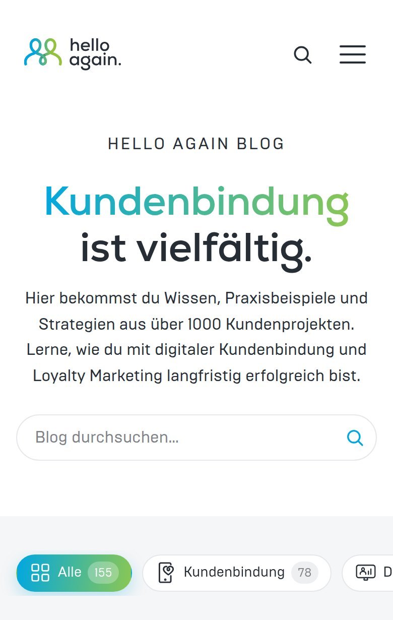 Blogübersicht von hello again auf dem Handy mit Überschrift, Suchfeld und Kategorie-Filtern